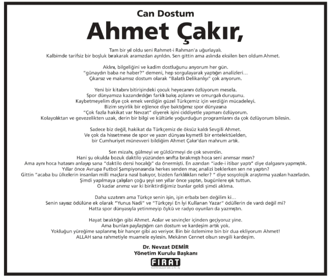 Ahmet Çakır – Hürriyet taziye ilanı (19 Eylül 2025)