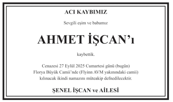 Ahmet İşcan – Hürriyet cenaze ilanı (29 Eylül 2025)