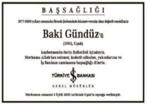 Baki Gündüz – Hürriyet taziye ilanı (11 Eylül 2025)