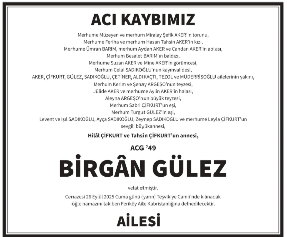 Birgân Gülez – Hürriyet taziye ilanı (27 Eylül 2025)