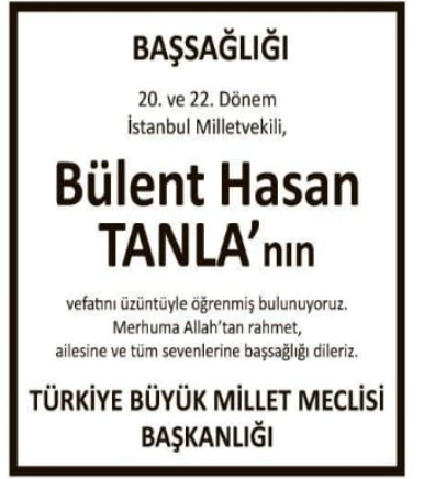 Bülent Hasan Tanla – Hürriyet başsağlığı ilanı (29 Eylül 2025)