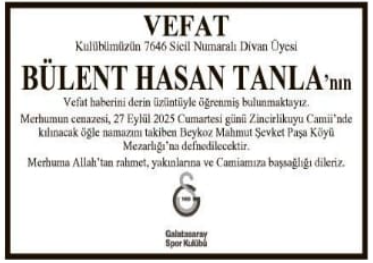 Bülent Hasan Tanla – Hürriyet vefat ilanı (29 Eylül 2025)