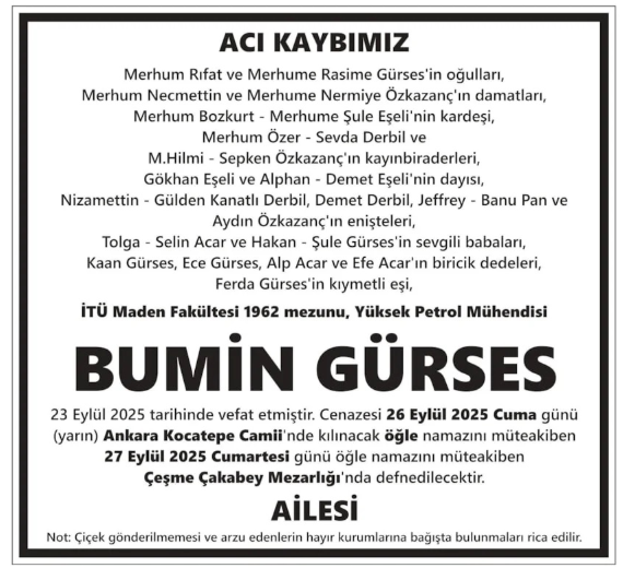 Bumin Gürses – Hürriyet ölüm ilanı (27 Eylül 2025)