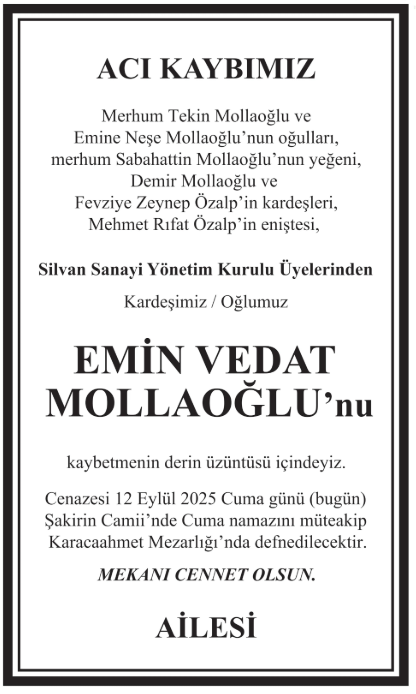 Emin Vedat Mollaoğlu – Hürriyet ölüm ilanı (12 Eylül 2025)