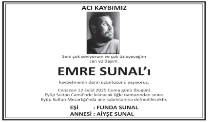 Emre Sunal – Hürriyet cenaze ilanı (12 Eylül 2025)