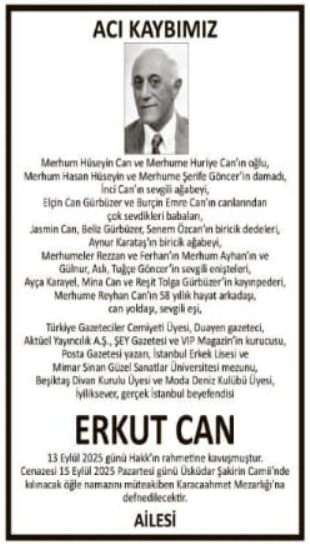 Erkut Can – Hürriyet ölüm ilanı (15 Eylül 2025)