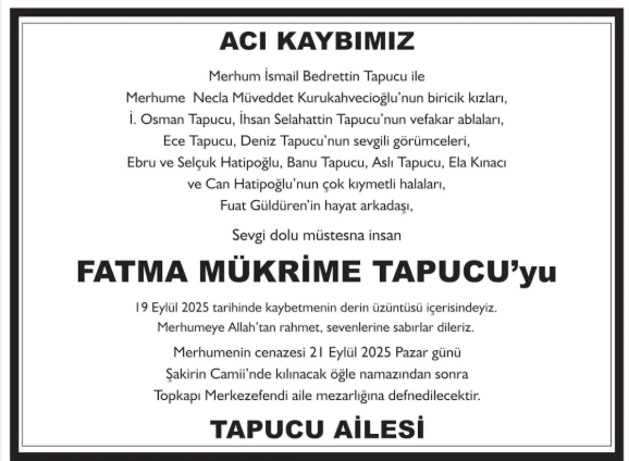 Fatma Mükrime Tapucu – Hürriyet ölüm ilanı (29 Eylül 2025)