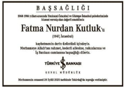 Fatma Nurdan Kutluk – Hürriyet başsağlığı ilanı (27 Eylül 2025)