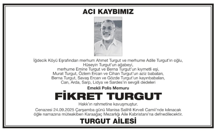 Fikret Turgut – Hürriyet taziye ilanı (24 Eylül 2025)