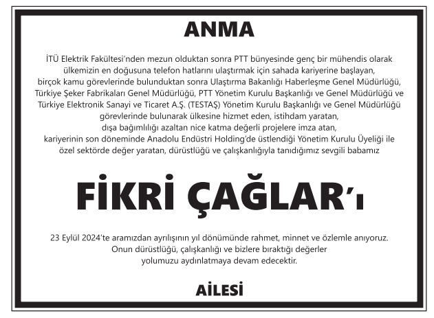 Fikri Çağlar – Hürriyet anma ilanı (23 Eylül 2025)