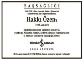 Hakkı Özen – Hürriyet Taziye İlanı (18 Eylül 2025)