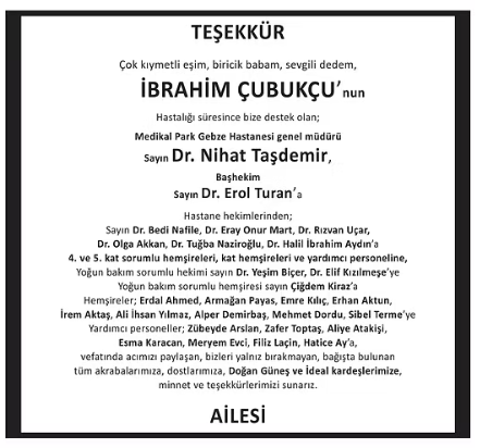 İbrahim Çubukçu – Hürriyet teşekkür ilanı (11 Eylül 2025)