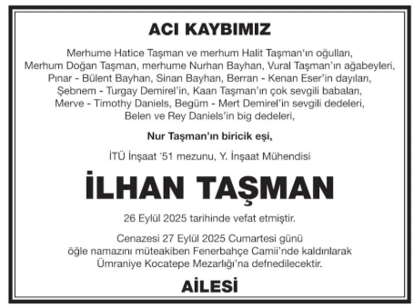 İlhan Taşman – Hürriyet taziye ilanı (29 Eylül 2025)