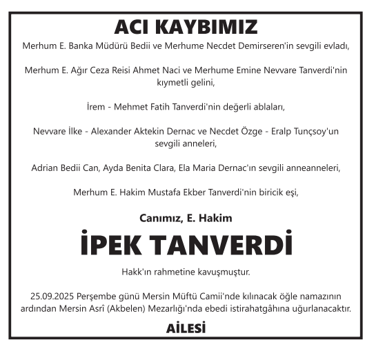 İpek Tanverdi – Hürriyet ölüm ilanı (24 Eylül 2025)