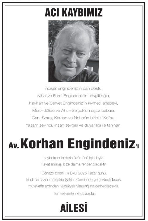 Korhan Engindeniz – Hürriyet ölüm ilanı (14 Eylül 2025)