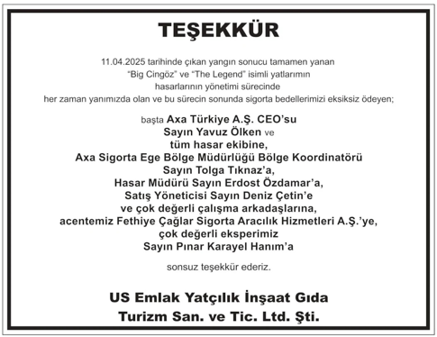 Kurum Teşekkür İlanı Hürriyet Gazetesi