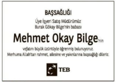 Mehmet Okay Bilge – Hürriyet Ölüm İlanı (18 Eylül 2025)