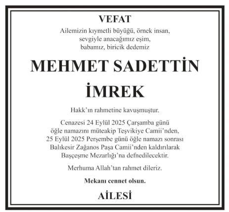 Mehmet Sadettin İmrek – Hürriyet vefat ilanı (24 Eylül 2025)