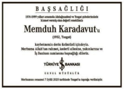 Memduh Karadavut – Hürriyet taziye ilanı (12 Eylül 2025)