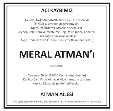 Meral Atman – Hürriyet cenaze ilanı (27 Eylül 2025)