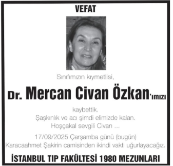 Dr. Mercan Civan Özkan – Hürriyet vefat ilanı (17 Eylül 2025)