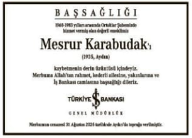 Mesrur Karabudak – Hürriyet vefat ilanı (11 Eylül 2025)