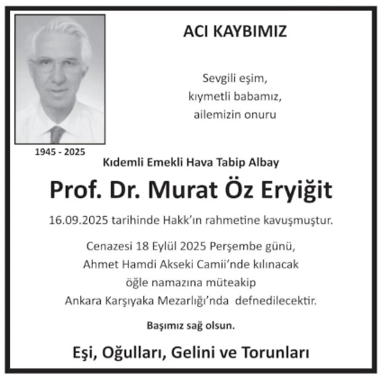 Murat Öz Eryiğit – Hürriyet taziye ilanı (16 Eylül 2025)