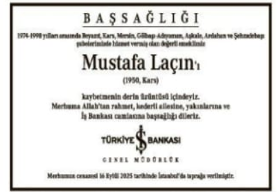 Mustafa Laçin – Hürriyet cenaze ilanı (18 Eylül 2025)