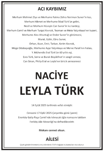 Naciye Leyla Türk – Hürriyet cenaze ilanı (17 Eylül 2025)