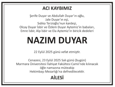 Nazım Duyar – Hürriyet ölüm ilanı (24 Eylül 2025)