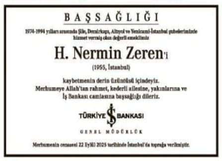 H. Nermin Zeren – Hürriyet başsağlığı ilanı (24 Eylül 2025)