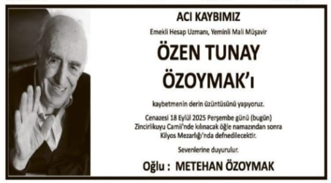 Özen Tunay Özoymak – Hürriyet Vefat İlanı (18 Eylül 2025)