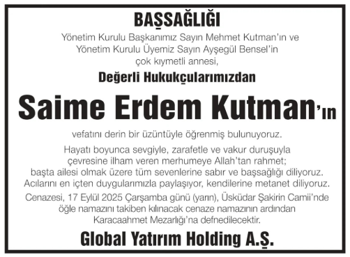 Saime Erdem Kutman – Hürriyet ölüm ilanı (17 Eylül 2025)