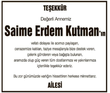 Saime Erdem Kutman – Hürriyet teşekkür ilanı (19 Eylül 2025)