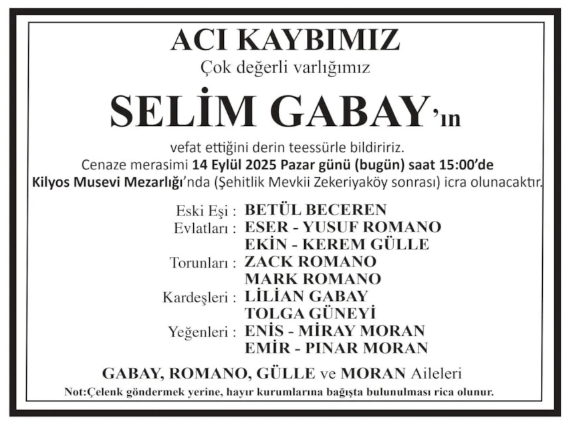 Selim Gabay – Hürriyet cenaze ilanı (15 Eylül 2025)