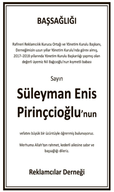 Süleyman Enis Pirinçcioğlu – Hürriyet cenaze ilanı (14 Eylül 2025)