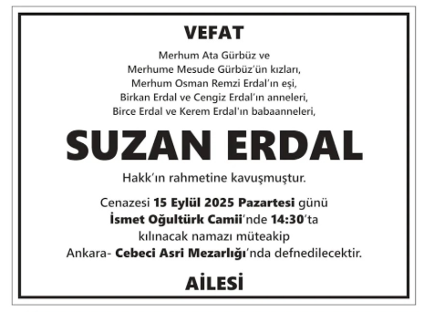 Suzan Erdal – Hürriyet vefat ilanı (15 Eylül 2025)