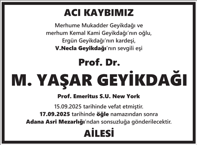 M. Yaşar Geyikdağı – Hürriyet ölüm ilanı (15 Eylül 2025)