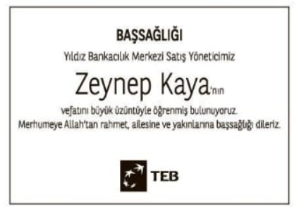 Zeynep Kaya – Hürriyet taziye ilanı (14 Eylül 2025)