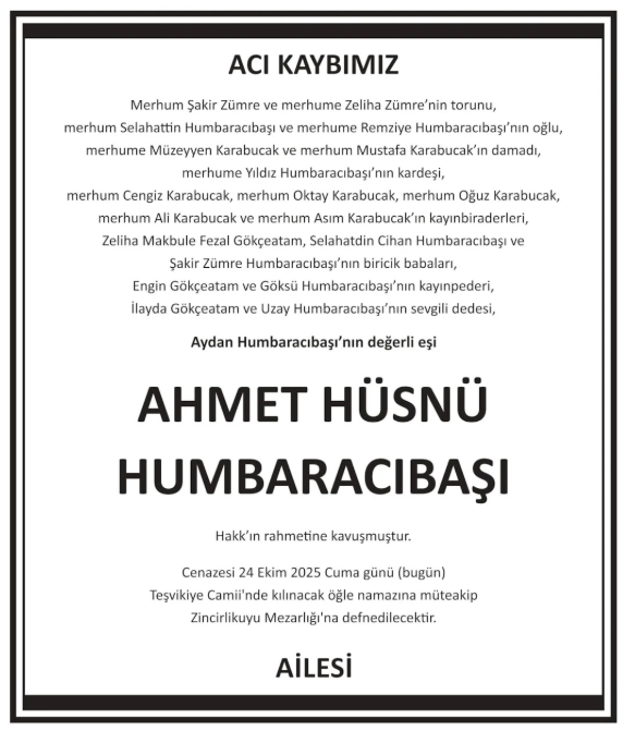 Ahmet Hüsnü Humbaracıbaşı – Hürriyet cenaze ilanı (24 Ekim 2025)