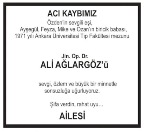 Ali Ağlargöz – Hürriyet ölüm ilanı (24 Ekim 2025)