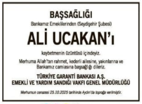 Ali Uçakan – Hürriyet taziye ilanı (31 Ekim 2025)