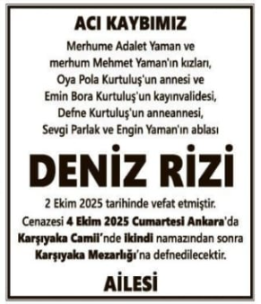 Deniz Rizi – Hürriyet cenaze ilanı (6 Ekim 2025)