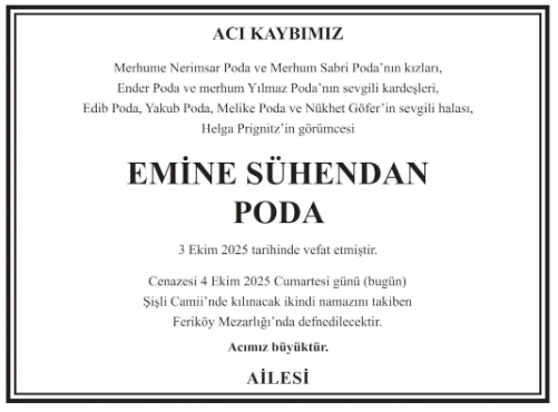 Emine Sühendan Poda – Hürriyet taziye ilanı (4 Ekim 2025)
