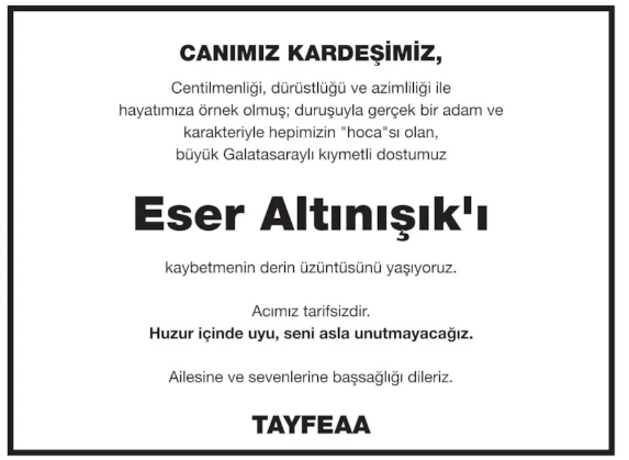 Eser Altınışık – Hürriyet taziye ilanı (11 Ekim 2025)