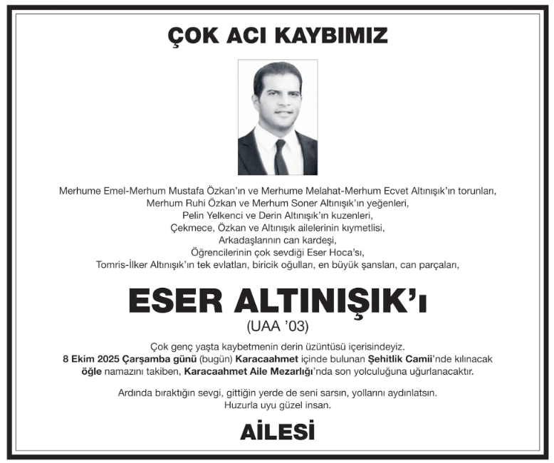 Eser Altınışık – Hürriyet cenaze ilanı (11 Ekim 2025)