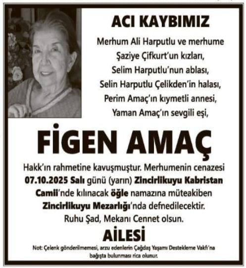 Figen Amaç – Hürriyet ölüm ilanı (8 Ekim 2025)