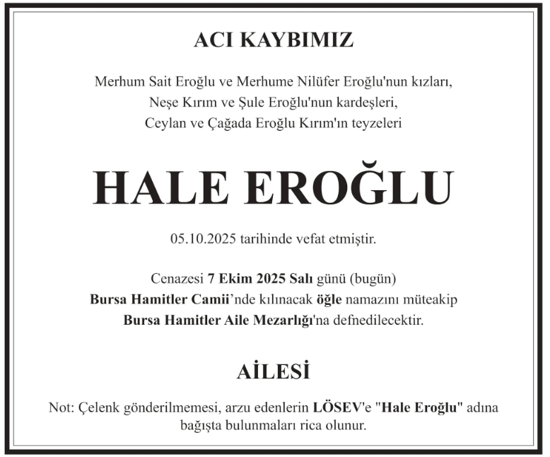 Hale Eroğlu – Hürriyet cenaze ilanı (8 Ekim 2025)