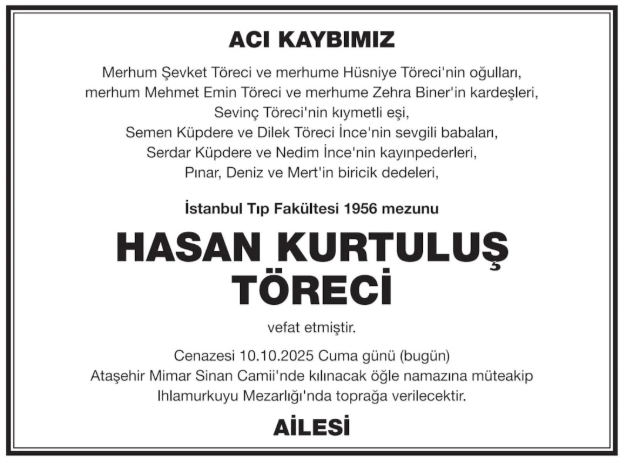 Hasan Kurtuluş Töreci – Hürriyet ölüm ilanı (17 Ekim 2025)