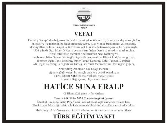 Hatice Suna Eralp – Hürriyet vefat ilanı (8 Ekim 2025)